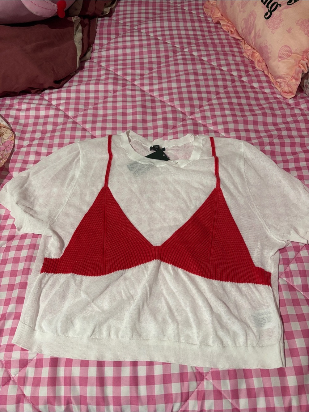Wild Fable White Short-Sleeve Layered Top with Red Knit bikini